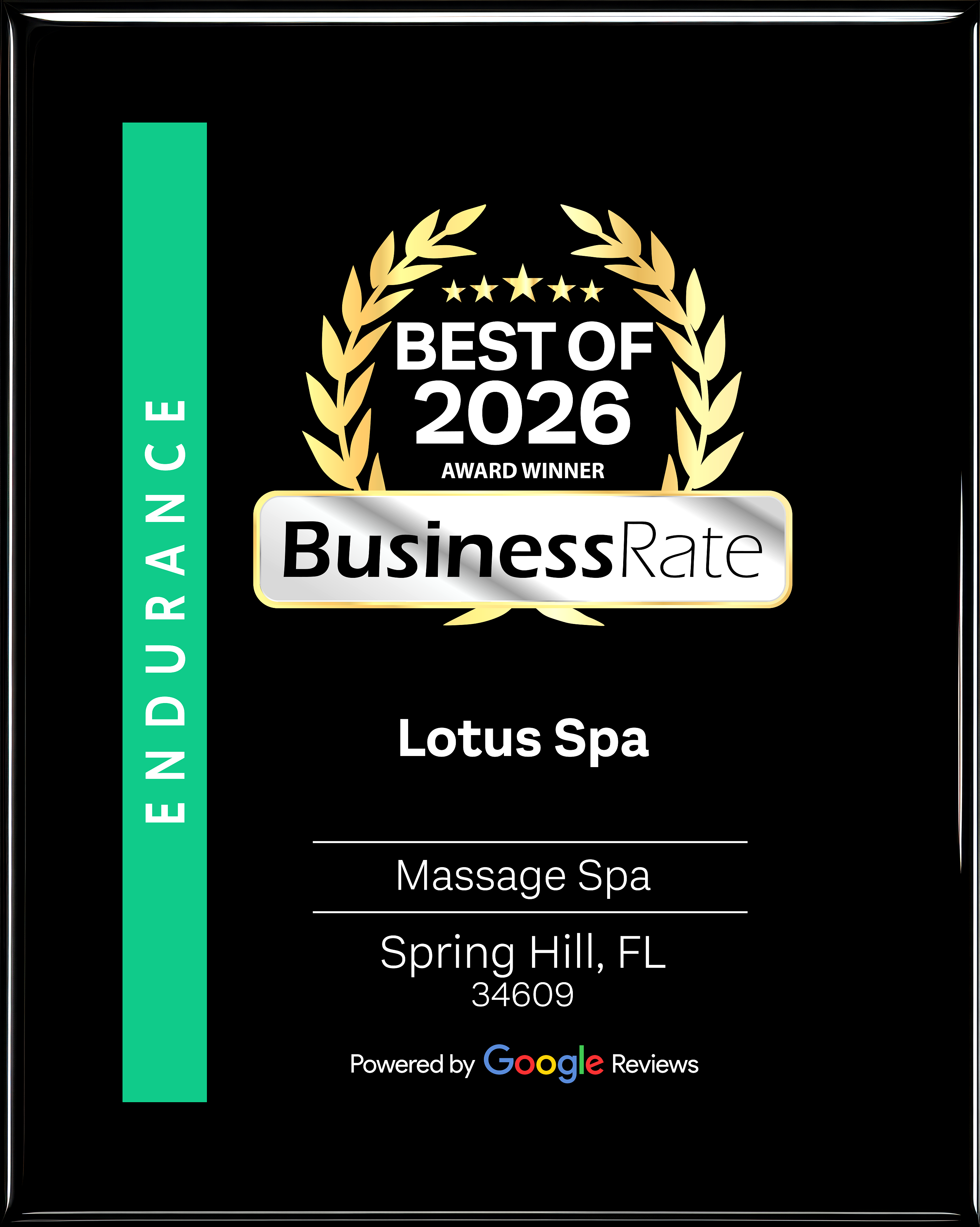 Lotus Spa Best of 2026 BusinessRate award winner plaque