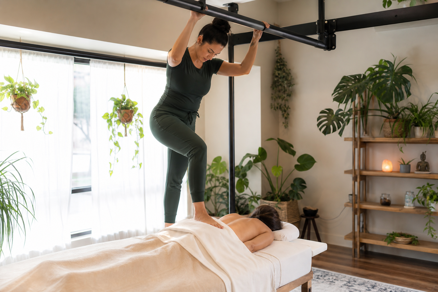 Therapist performing Ashiatsu massage